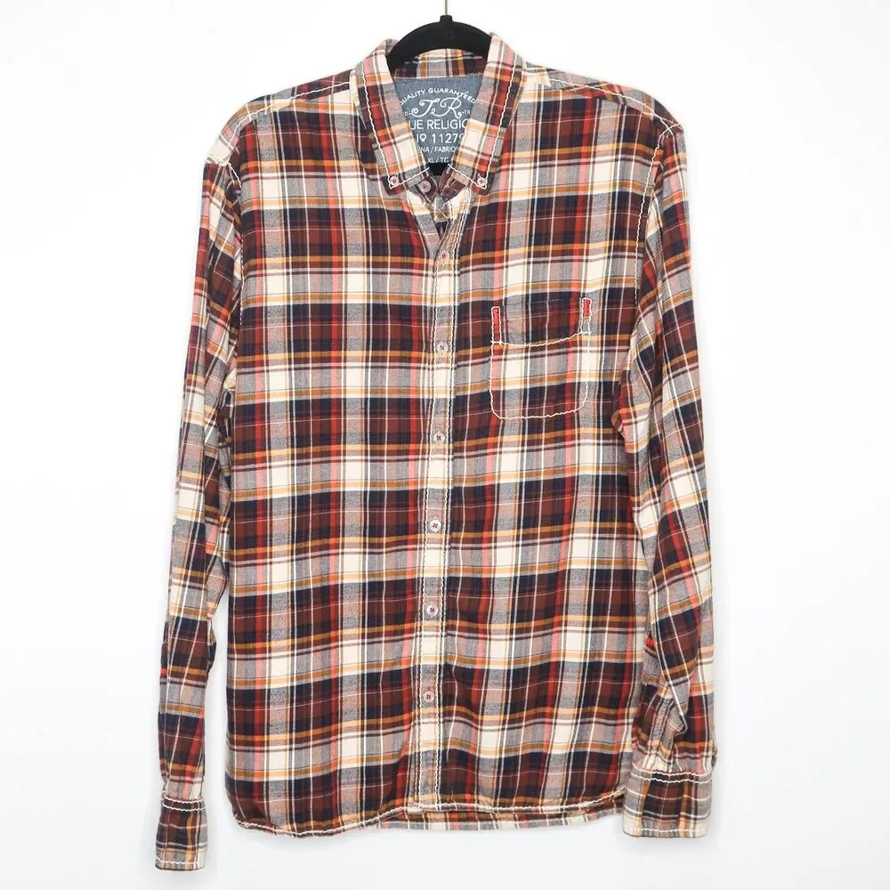 True Religion Mens Button Up Shirt XL Plaid Orange‎ Brown Cowboy Western